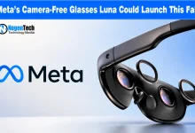 Meta logo next to a smart headset with visible internal lenses and audio components.