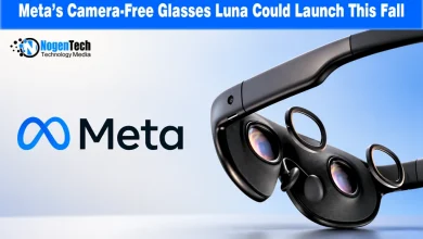 Meta logo next to a smart headset with visible internal lenses and audio components.