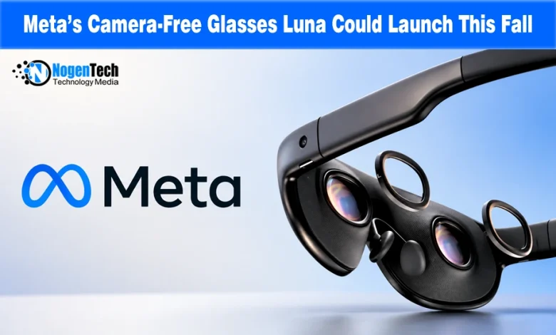 Meta logo next to a smart headset with visible internal lenses and audio components.
