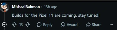 Mishaal Rahman comments about Pixel 11 build update