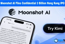 Moonshot AI logo alongside a smartphone showing the Kimi chatbot interface.