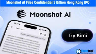 Moonshot AI logo alongside a smartphone showing the Kimi chatbot interface.