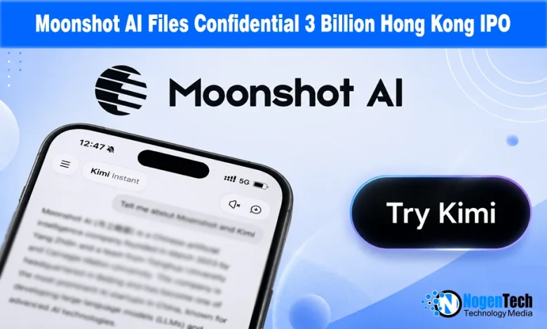 Moonshot AI logo alongside a smartphone showing the Kimi chatbot interface.