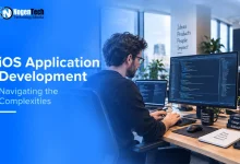 iOS application development showing a developer coding an iOS app