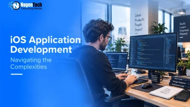 iOS application development showing a developer coding an iOS app