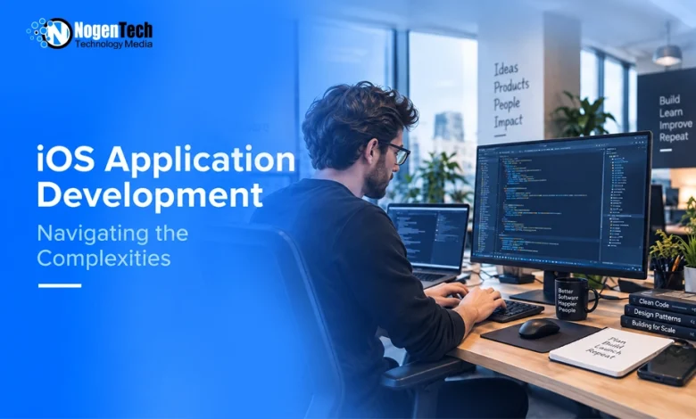 iOS application development showing a developer coding an iOS app