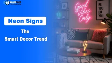Modern living room interior with glowing pink Good Vibes Only neon sign above a sofa.
