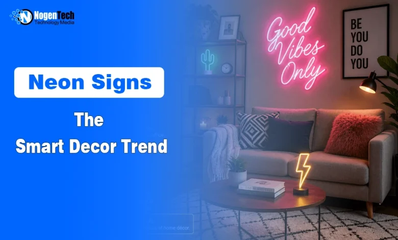 Modern living room interior with glowing pink Good Vibes Only neon sign above a sofa.