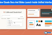 Claude AI interface showing new integrated Docs, Slides, and Design tools.