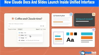 Claude AI interface showing new integrated Docs, Slides, and Design tools.