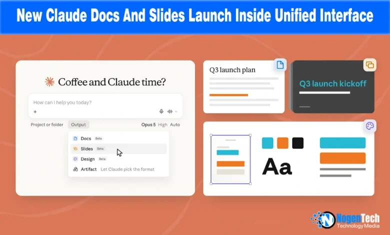 Claude AI interface showing new integrated Docs, Slides, and Design tools.