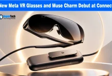 Sleek black Meta VR glasses tethered to a portable Muse Charm puck accessory.