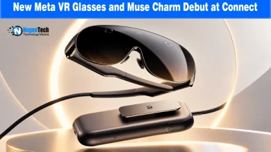 Sleek black Meta VR glasses tethered to a portable Muse Charm puck accessory.