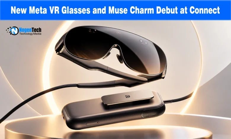 Sleek black Meta VR glasses tethered to a portable Muse Charm puck accessory.
