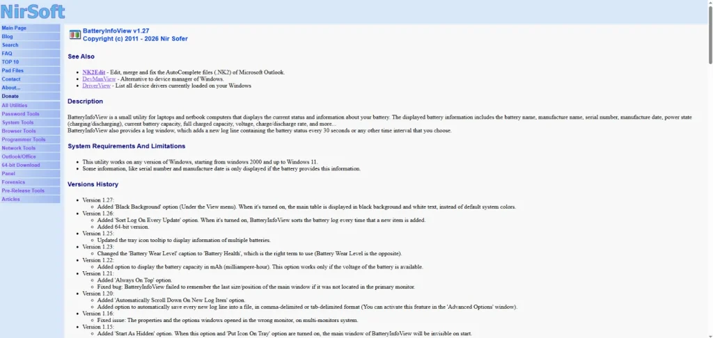 Screenshot of the NirSoft website to download BatteryInfoView | Image Credit: NirSoft
