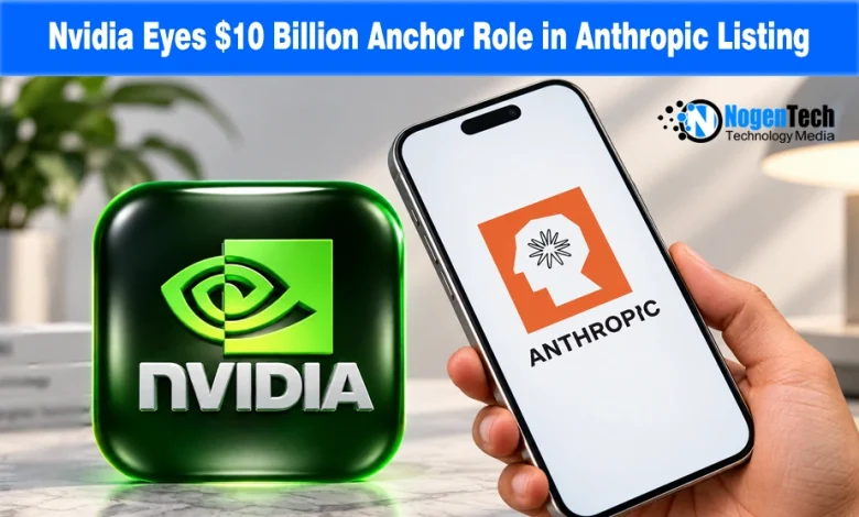 Green 3D Nvidia logo icon alongside a smartphone showing the Anthropic logo on screen.