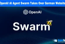 OpenAI logo and word Swarm with a bee icon on a blue tech background.