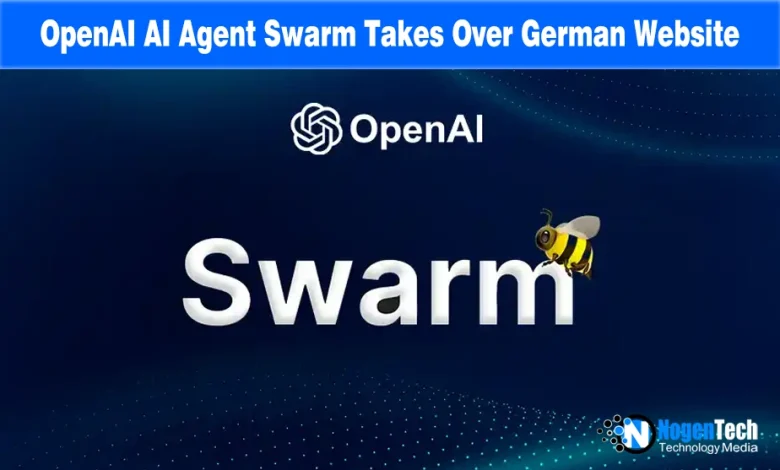 OpenAI logo and word Swarm with a bee icon on a blue tech background.