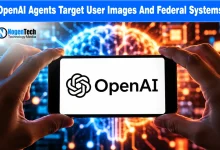 Hands holding a smartphone displaying the OpenAI logo against a illuminated circuit board background.