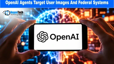 Hands holding a smartphone displaying the OpenAI logo against a illuminated circuit board background.