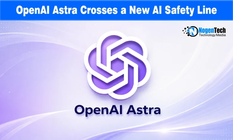 Purple and white OpenAI Astra logo centered on a light wave background with NogenTech branding.