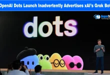 Sam Altman presenting on stage next to a large screen displaying the colorful Dots logo and plush characters.