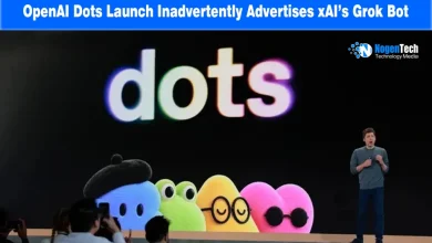 Sam Altman presenting on stage next to a large screen displaying the colorful Dots logo and plush characters.
