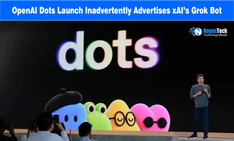 Sam Altman presenting on stage next to a large screen displaying the colorful Dots logo and plush characters.