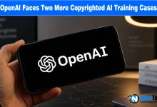 Smartphone displaying the white OpenAI logo on a dark screen held over a desk.