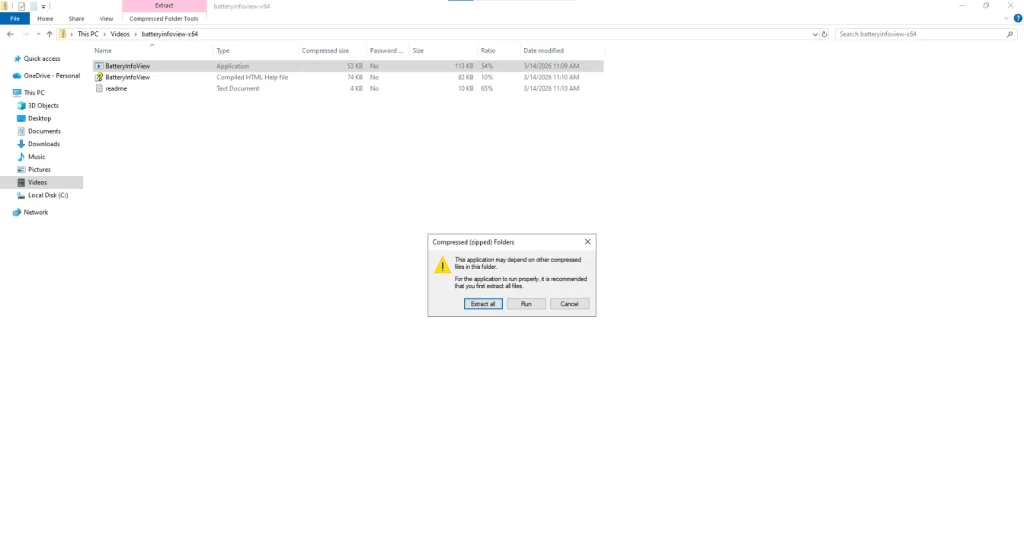 Running it from the zipped folder of Battery Info View | Image Credit: NogenTech