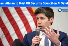 OpenAI CEO Sam Altman speaking into a microphone in front of an American flag