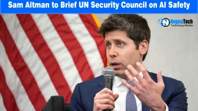 OpenAI CEO Sam Altman speaking into a microphone in front of an American flag