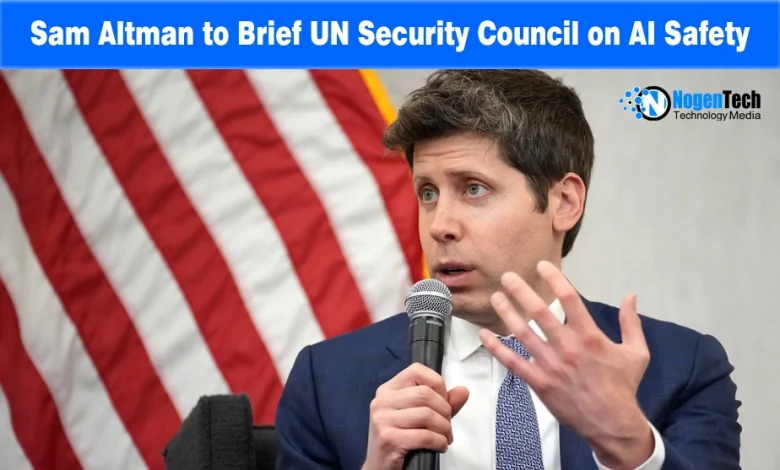 OpenAI CEO Sam Altman speaking into a microphone in front of an American flag