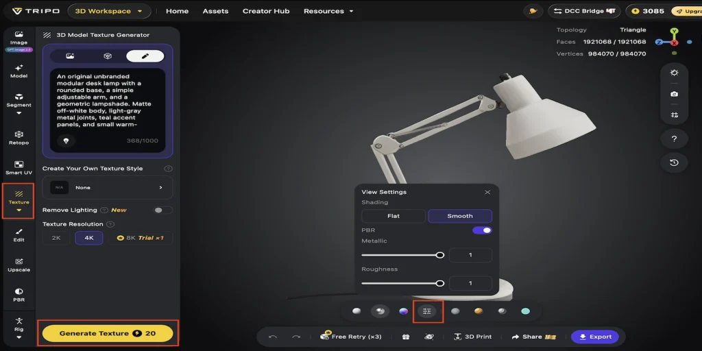 Tripo Studio Texture workspace showing a 3D desk lamp with texture generation controls and metallic and roughness settings.
