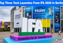 Large white IFA sign outdoors in front of a exhibition hall displaying Xiaomi and Haier banners.