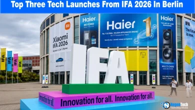 Large white IFA sign outdoors in front of a exhibition hall displaying Xiaomi and Haier banners.