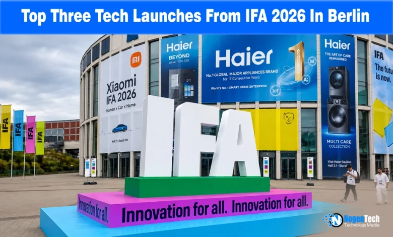 Large white IFA sign outdoors in front of a exhibition hall displaying Xiaomi and Haier banners.