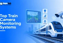 Modern train on tracks with a CCTV surveillance camera and AI tracking screen interface.