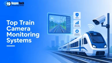 Modern train on tracks with a CCTV surveillance camera and AI tracking screen interface.