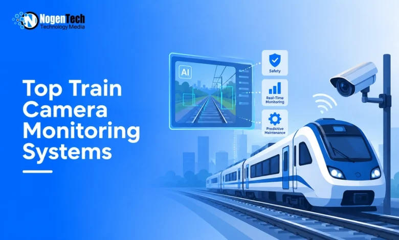 Modern train on tracks with a CCTV surveillance camera and AI tracking screen interface.