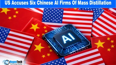 Glowing blue AI microchip resting over a background pattern of US and Chinese national flags.