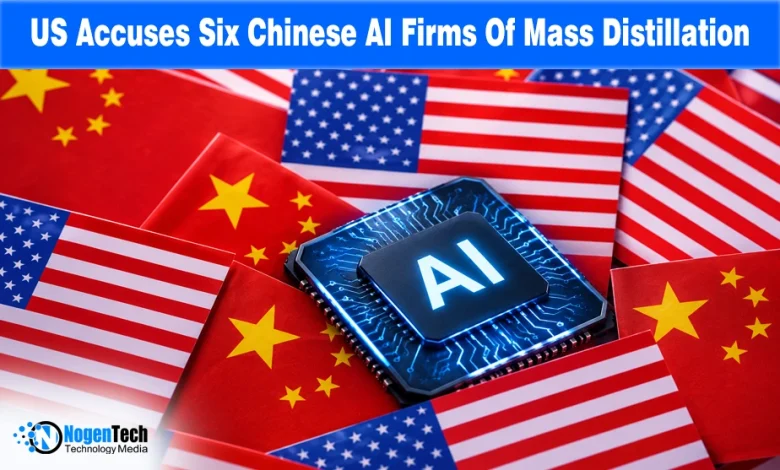 Glowing blue AI microchip resting over a background pattern of US and Chinese national flags.