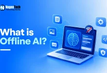 Laptop running an AI brain model with a disconnected Wi-Fi icon.