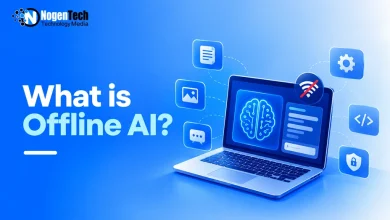 Laptop running an AI brain model with a disconnected Wi-Fi icon.