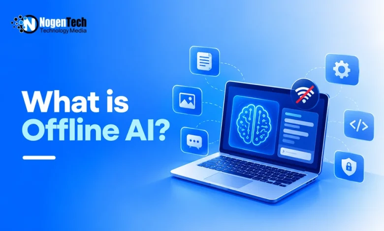 Laptop running an AI brain model with a disconnected Wi-Fi icon.