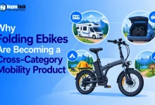 Black folding ebike vector illustration surrounded by circular icons for RV camping, car trunk storage, and outdoor trails.