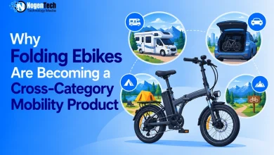 Black folding ebike vector illustration surrounded by circular icons for RV camping, car trunk storage, and outdoor trails.