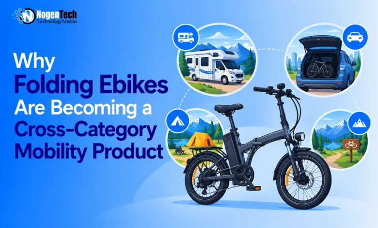 Black folding ebike vector illustration surrounded by circular icons for RV camping, car trunk storage, and outdoor trails.
