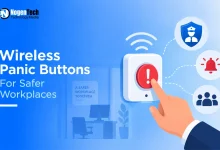Hand pressing a red wireless panic button linked to security, alarm, and team alert icons.