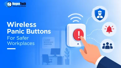 Hand pressing a red wireless panic button linked to security, alarm, and team alert icons.